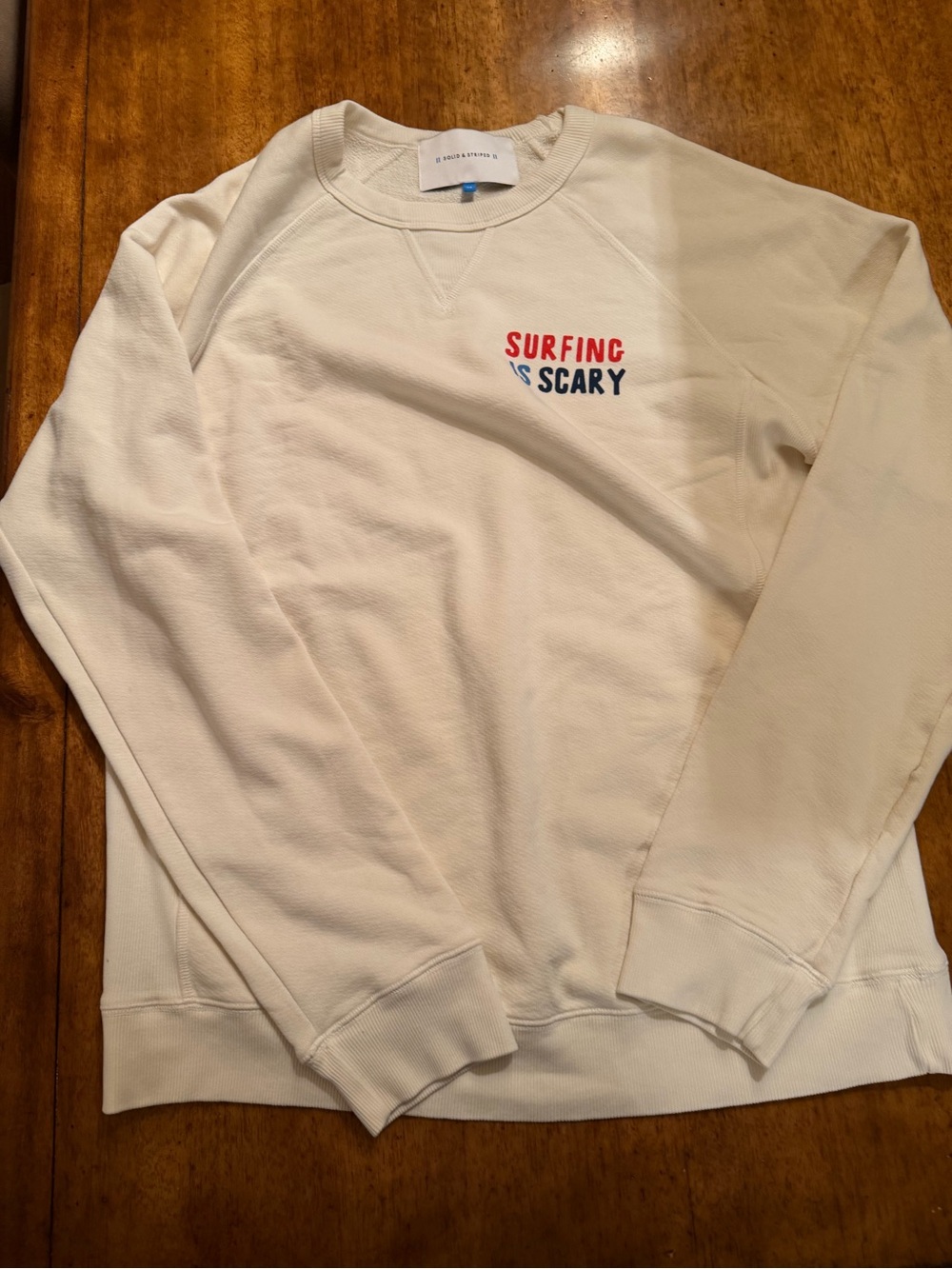 SOLID & STRIPED Cream Crewneck Sweater with Red & Navy 'Surfing Is Scary' Logo M